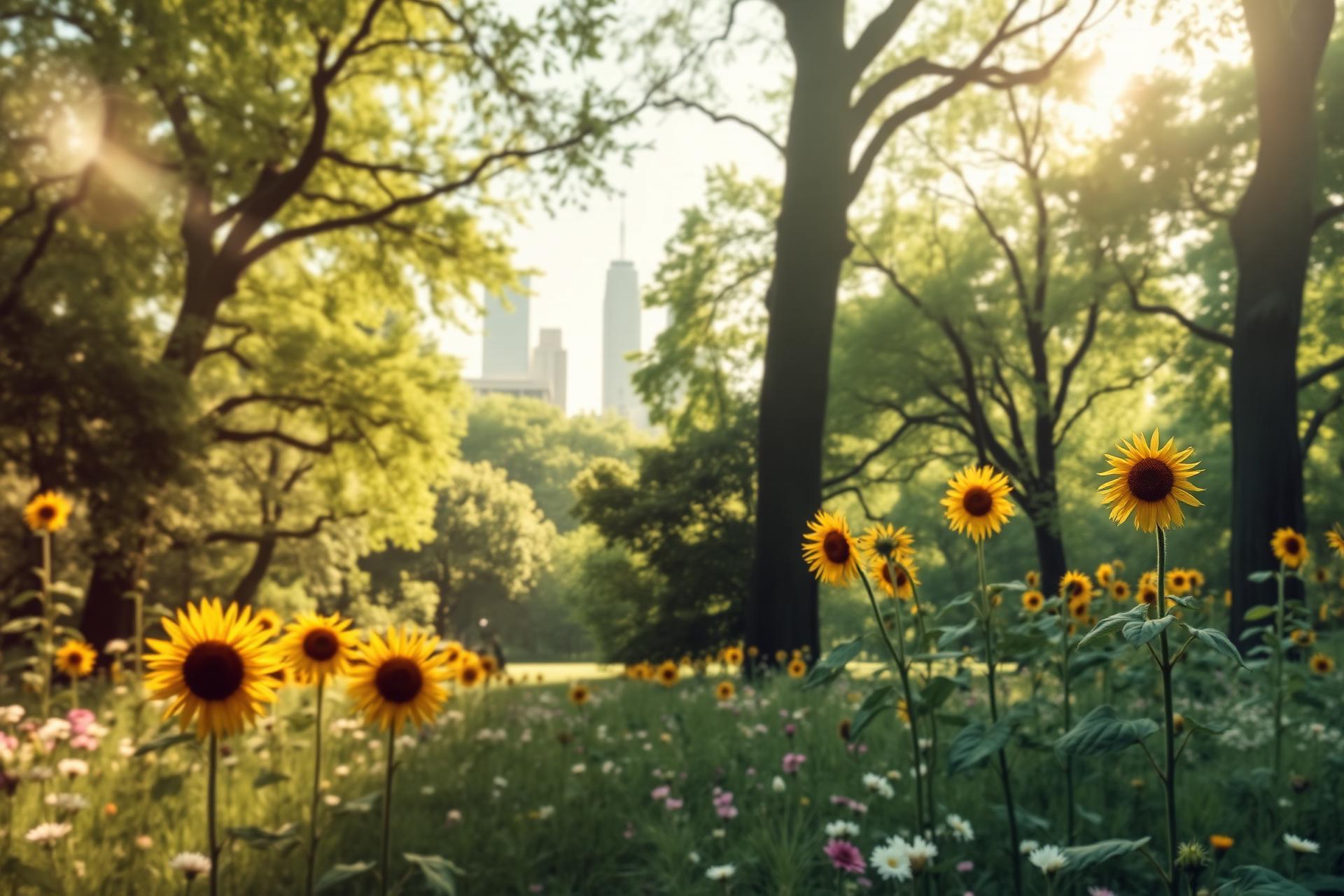 Sunflowers and wildflowers in Central Park with the Manhattan skyline beyond