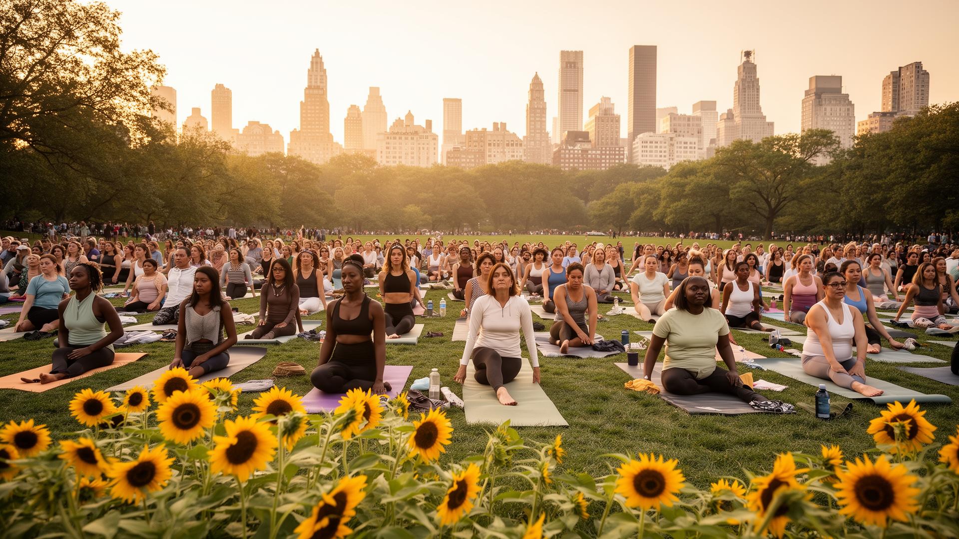 More than sixty women and families practicing yoga together on the lawn in Central Park, sunflowers in the foreground and Manhattan skyline behind